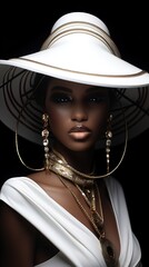 Timeless allure: A black woman in a striking hat and golden earrings, epitome of grace.