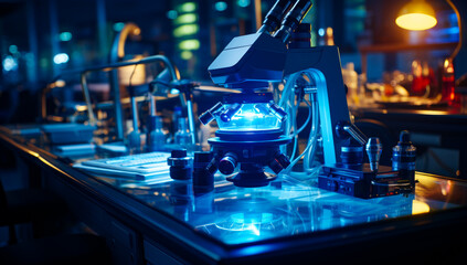 Laboratory with microscope at night. A microscope is sitting on top of a table