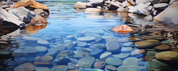 Highlight the crystal-clear patterns of water flowing over smooth river rocks. - Powered by Adobe