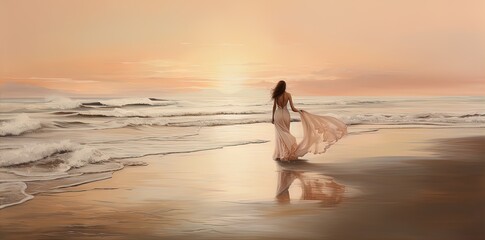 Fototapeta na wymiar Golden hour grace: A bride's dress billows like a sunset wave on a tranquil beach.