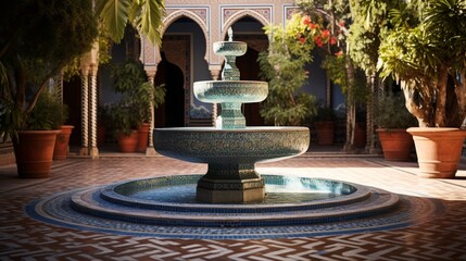 Fototapeta na wymiar Highlight the intricate patterns of a tiled fountain in a courtyard.