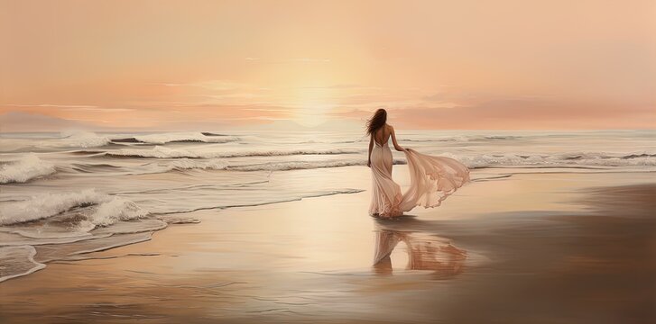 Golden hour grace: A bride's dress billows like a sunset wave on a tranquil beach.