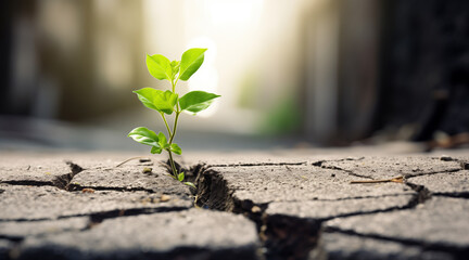 Green plant growing through the cracked concrete road, hope concept