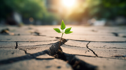 Green plant growing through the cracked concrete road, hope concept - obrazy, fototapety, plakaty