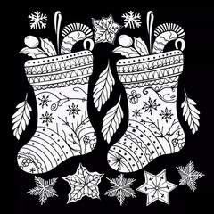 Mittens. Merry Christmas coloring page. Black and white background. Coloring book for children, AI generator