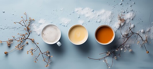 Horizontal texture photography minimalism top view of Christmas winter hot drinks, winter holidays theme. For banners, posters, advertising. AI generated.