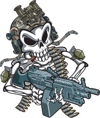 Cartoon style military  skeleton holding light machine gun