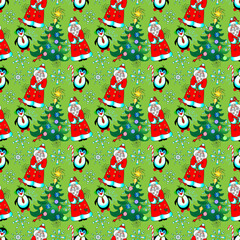 Fototapeta na wymiar Christmas Santa Penguin and Tree Seamless Tile