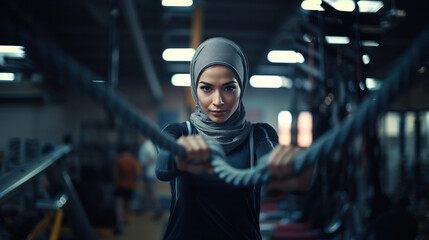 Fototapeta na wymiar Strength in Diversity: Muslim Female Exercising at Gym with Headscarf, Engaging with Camera