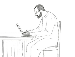 A Man Sitting At A Desk Working On A Laptop - Man in living room using laptop