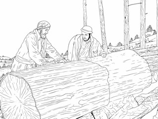 A Black And White Drawing Of Men Cutting A Log - medeival timber poachers.