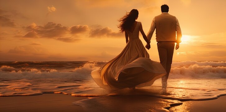 Sunset stroll: A couple in elegant attire walks along the beach, romance in the sea breeze.
