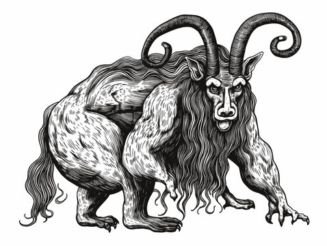 A Black And White Drawing Of A Horned Animal - mythologic satyr medieval bestiary.