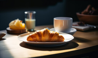 Delicious Morning Treat: Croissant Perfection on a Serene Table Setting. A croissant sitting on a plate on a table