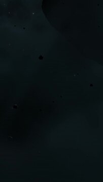 Asteroid belt field in dark outer space. 3D animation wide pan shot. Rock formations of cosmic debris and giant Meteorites. Celestial objects on starry stars background with dust nebula haze low light