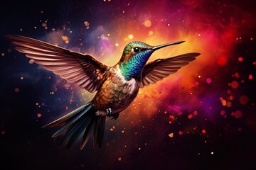 Obraz premium Drama in the air: A hummingbird emerges with wings wide against a fiery abstract backdrop.