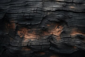 Rough textured uneven surface of burnt timber. Background with copy space - obrazy, fototapety, plakaty