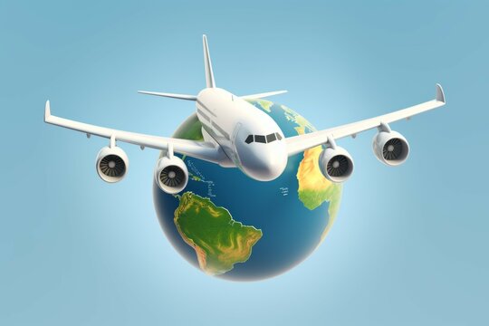 Airplane over planet Earth or globe. Background with selective focus and copy space