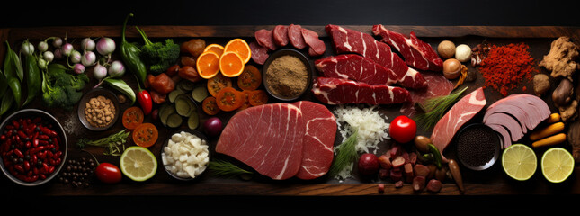 Meat cut into cuts is given several spices. A wooden table topped with lots of different types of food