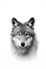 Fototapeta premium Close up black and white graphic image of a wolf isolated on a white background. Monochrome photo of wildlife. Design for greeting card, poster, print with copy space.