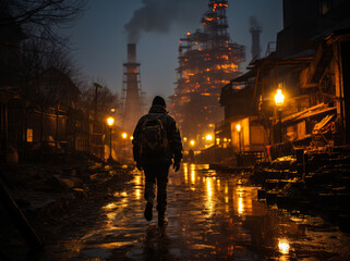 Oil worker walking towards an oil refinery. A man walking down a street at night