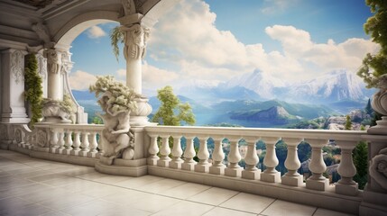 Fototapeta na wymiar Marble Horizon: A wide-angle shot of a marble balcony overlooking a stunning natural landscape.