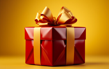 Red gift box on a yellow background. A red gift box with a gold bow
