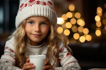 Girl child in Christmas clothes in a homely atmosphere. Portrait with selective focus and copy space