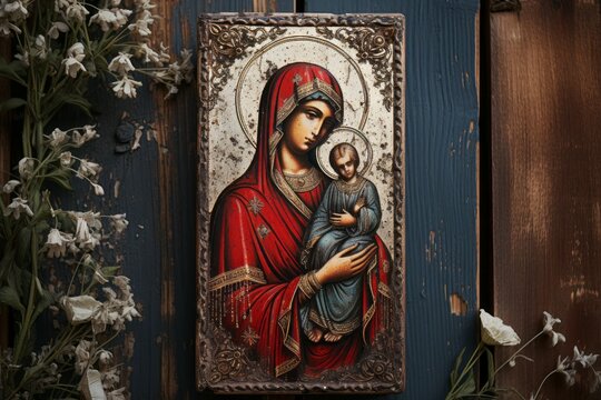 Virgin Mary with baby Jesus Christ. Religious concept with selective focus and copy space