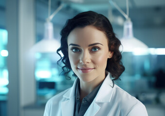 Generative AI illustration of scientist woman with dark hair in lab coat, looking at camera while standing in a laboratory with a backdrop of softly lit lab equipment