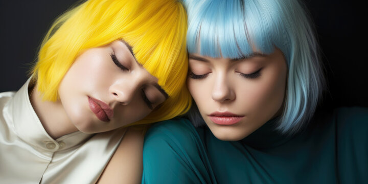 Generative AI illustration of two women with pastel yellow and blue hair resting their heads together in a serene moment