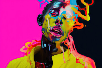 Generative AI of vivid portrait of man with colorful paint splashes