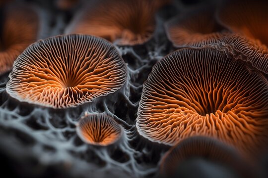 close up of mushroom with orange lamellae (gills) - AI generative