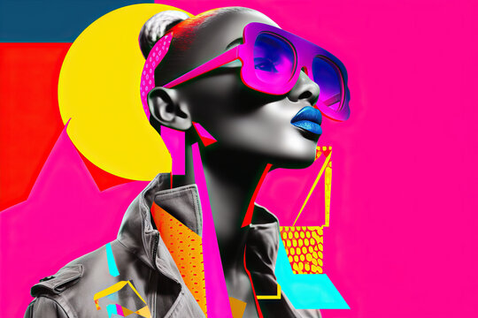 Generative AI of vibrant pop art african woman in sunglasses and headband