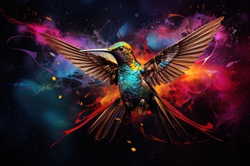 Drama in the air: A hummingbird emerges with wings wide against a fiery abstract backdrop.