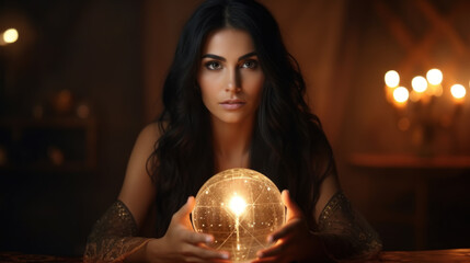Naklejka premium Young female fortune teller holding her magical ball