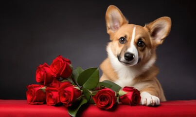 dog with red roses. 