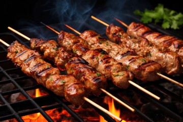 Cooking Skewered meat barbecue, charcoal-grilled kebab, outdoor skewer cooking, cut steak skewers,  - obrazy, fototapety, plakaty