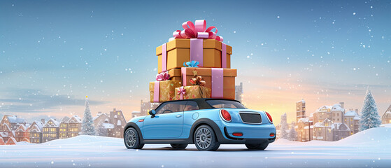 coche portando paquetes regalos de navidad empaquetados sobre el techo en superficie nevada y fondo de ciudad nevada - obrazy, fototapety, plakaty