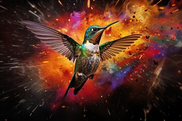 Fototapeta premium Drama in the air: A hummingbird emerges with wings wide against a fiery abstract backdrop.