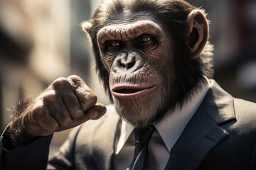 Generative AI illustration of a chimpanzee in a sharp suit posing with a raised fist while looking at camera against blurred background