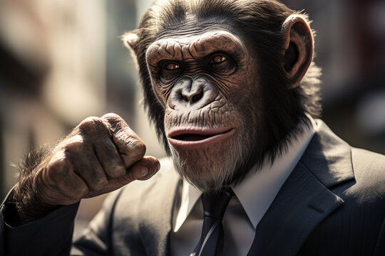 Generative AI illustration of a chimpanzee in a sharp suit posing with a raised fist while looking at camera against blurred background