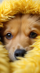 A fluffy dog gazes out from a yellow hood, its soft fur framing a look of curiosity. This vibrant portrait showcases the playfulness and charm of dogs.
