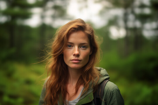 Generative AI illustration of young redhead woman in a green raincoat with backpack looking at camera while standing in a green forest