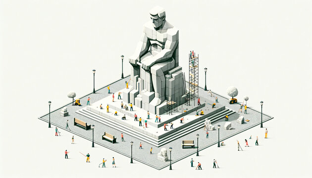 A Minimalist Illustration of Miniature Artists Sculpting a Colossal Statue in a City Square. Generative AI. 4K Wallpaper
