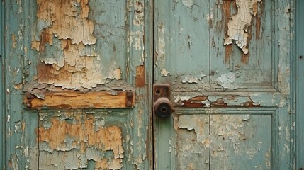 Show the fine details of a peeling paint on a vintage wooden door.