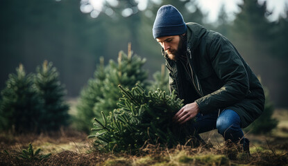 In the winter, a man is observed selecting and lifting a Christmas tree, setting the festive scene.