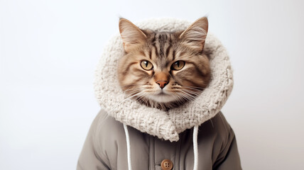Cat in winter coat on white background. Cute cat in a warm jacket and scarf on a white background. Winter season. Clothes for pets.