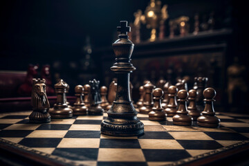 Generative AI image of a chess game with a towering king during competition surrounded by pawns