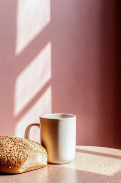 Generative AI illustration of sesame seed bagel next to a white coffee mug on a surface with shadows beside in pink wall